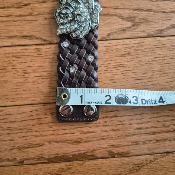 Leather Braided Cuff Bracelet w/ Rhinestone Flower - Picture 9 of 10